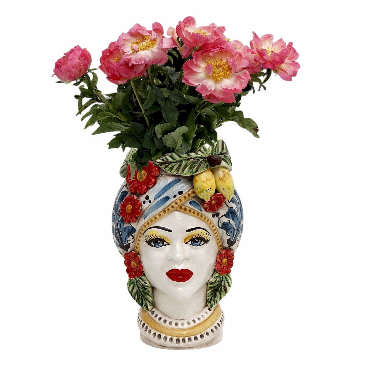 CALTAGIRONE: Sicilian Moorish Head Vase - Woman with Baroque Turban Flowers+Lemons (Medium 11" H.)