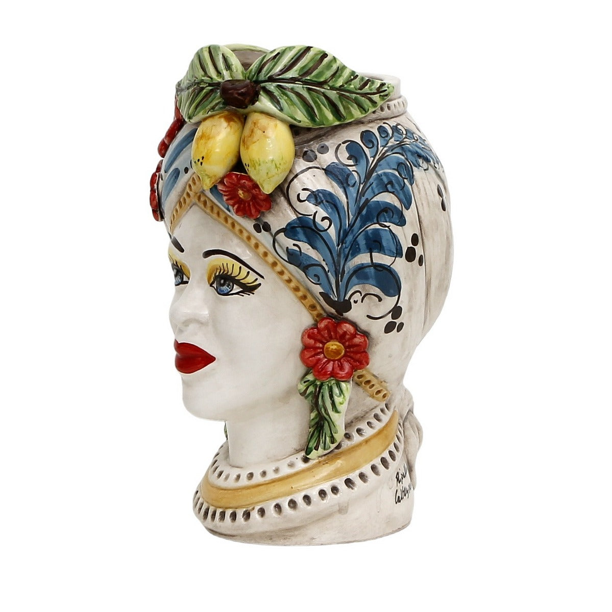 CALTAGIRONE: Sicilian Moorish Head Vase - Woman with Baroque Turban Flowers+Lemons (Medium 11" H.)