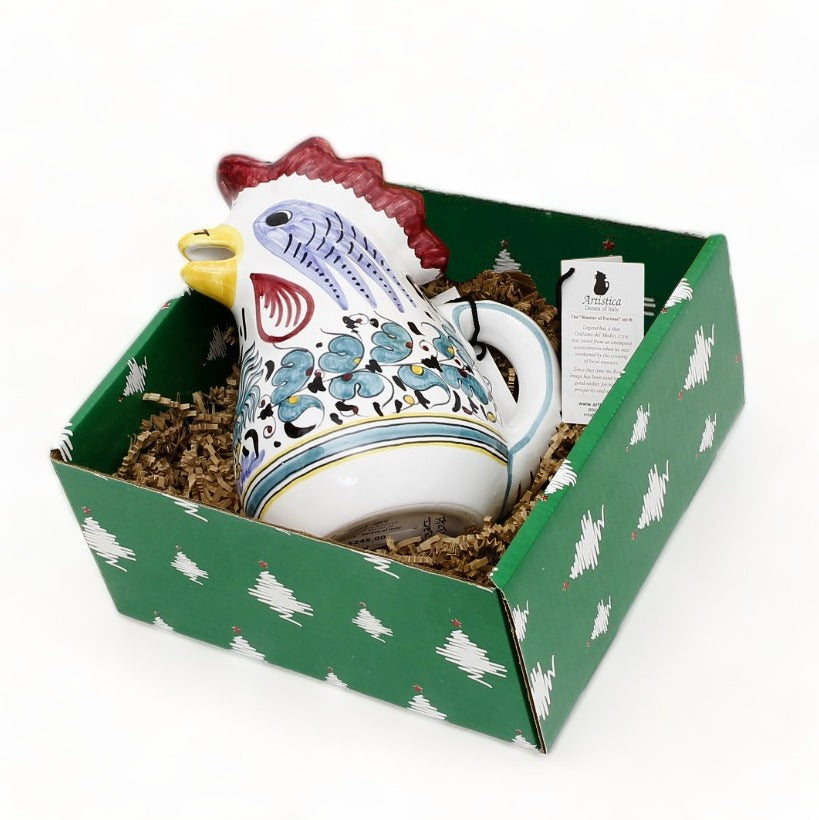 GIFT BOX CHRISTMAS: Green Gift Box with Deruta Orvieto Green Rooster of Fortune Pitcher