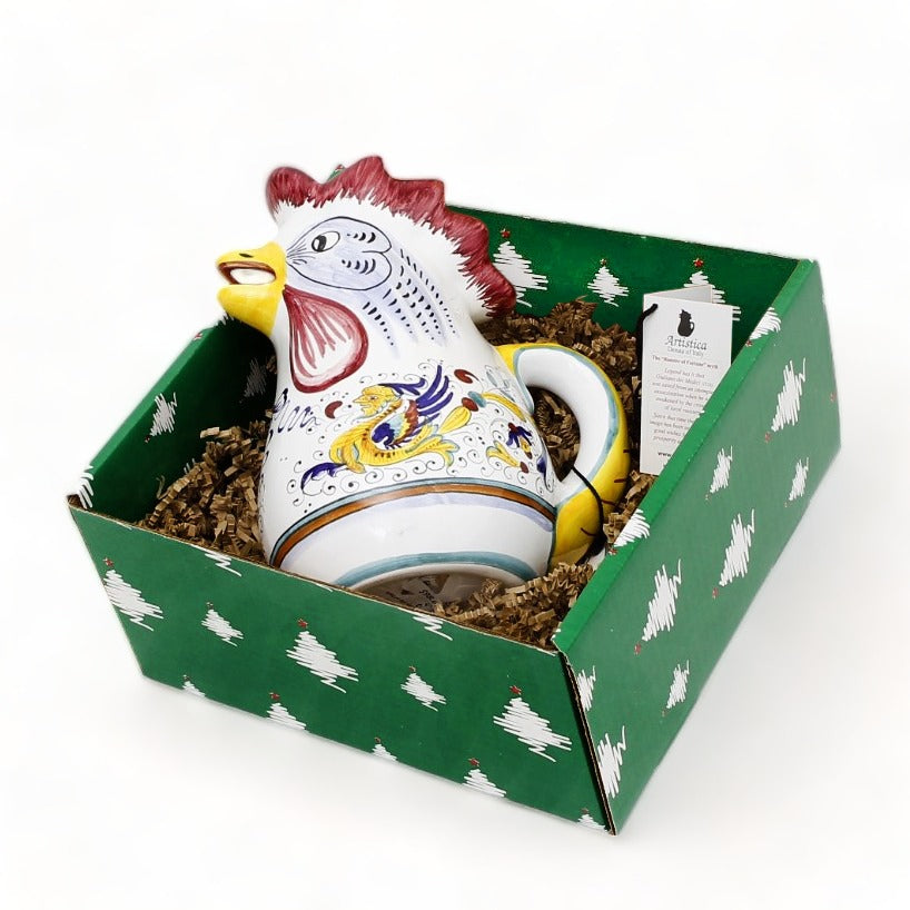 GIFT BOX CHRISTMAS: Green Gift Box with Deruta Raffaellesco Rooster of Fortune Pitcher