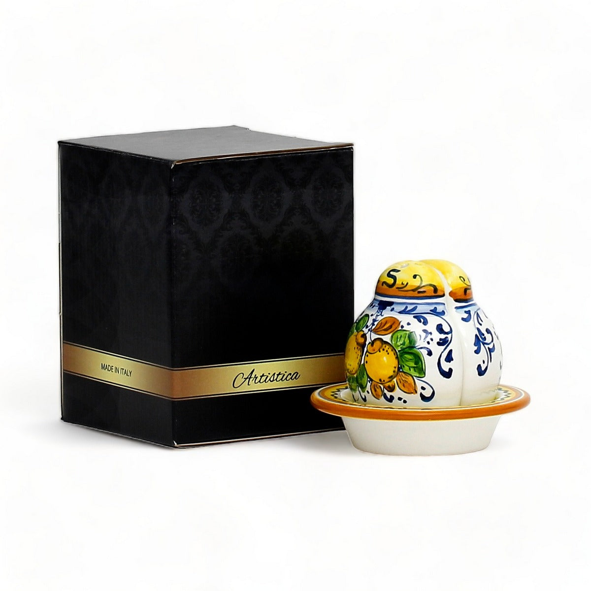 GIFT BOX: With authentic Deruta hand painted ceramic - LIMONCINI: 'THE BETTER HALF' SALT AND PEPPER SET WITH TRAY/SAUCER