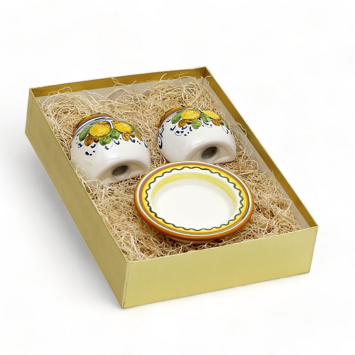 GIFT BOX GOLD: With authentic Deruta hand painted ceramic - LIMONCINI: &#39;THE BETTER HALF&#39; SALT AND PEPPER SET WITH TRAY/SAUCER