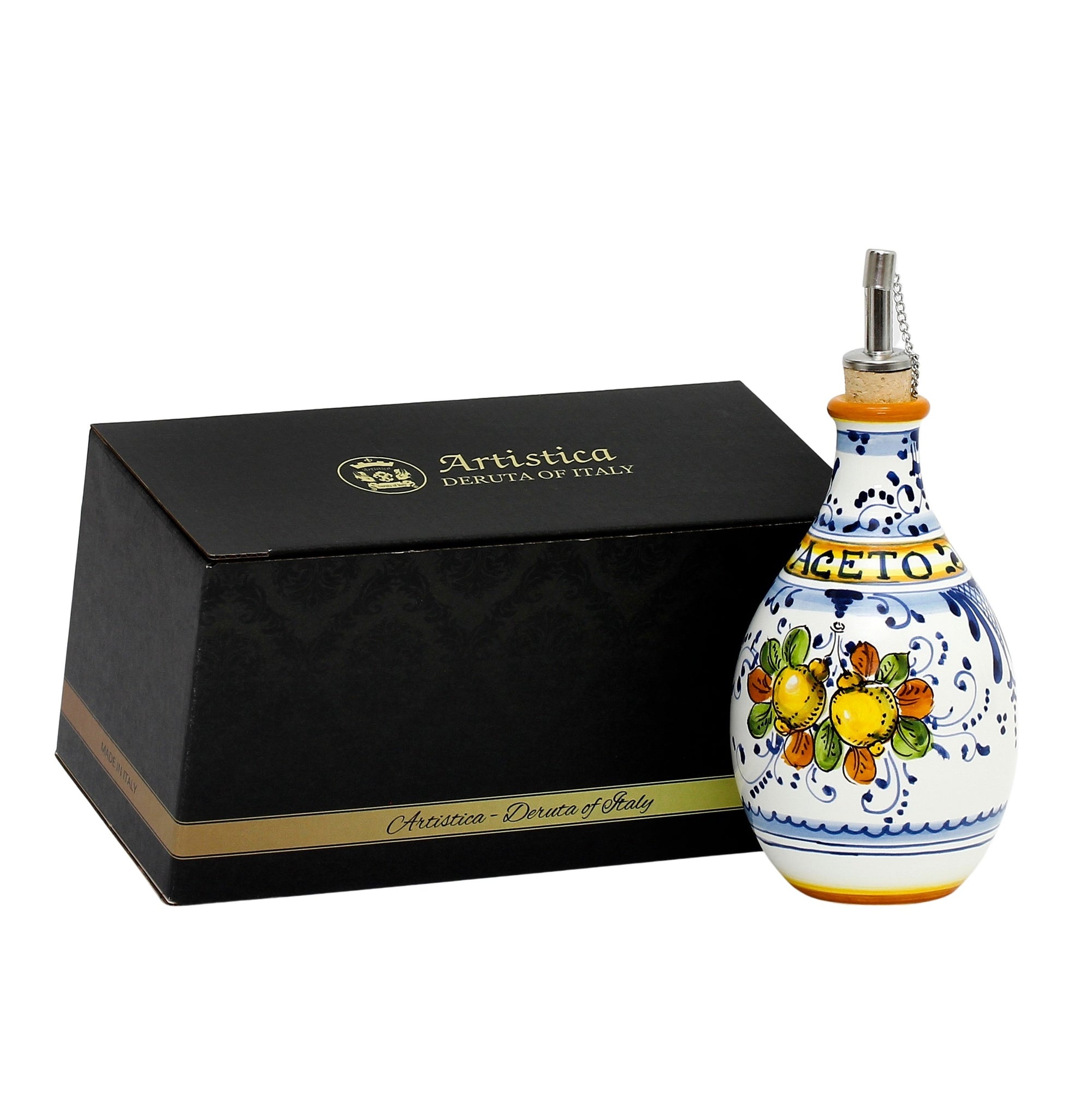 GIFT BOX: With authentic Deruta hand painted ceramic - 'ACETO' (Vinegar) Bottle Dispenser Limoncini design