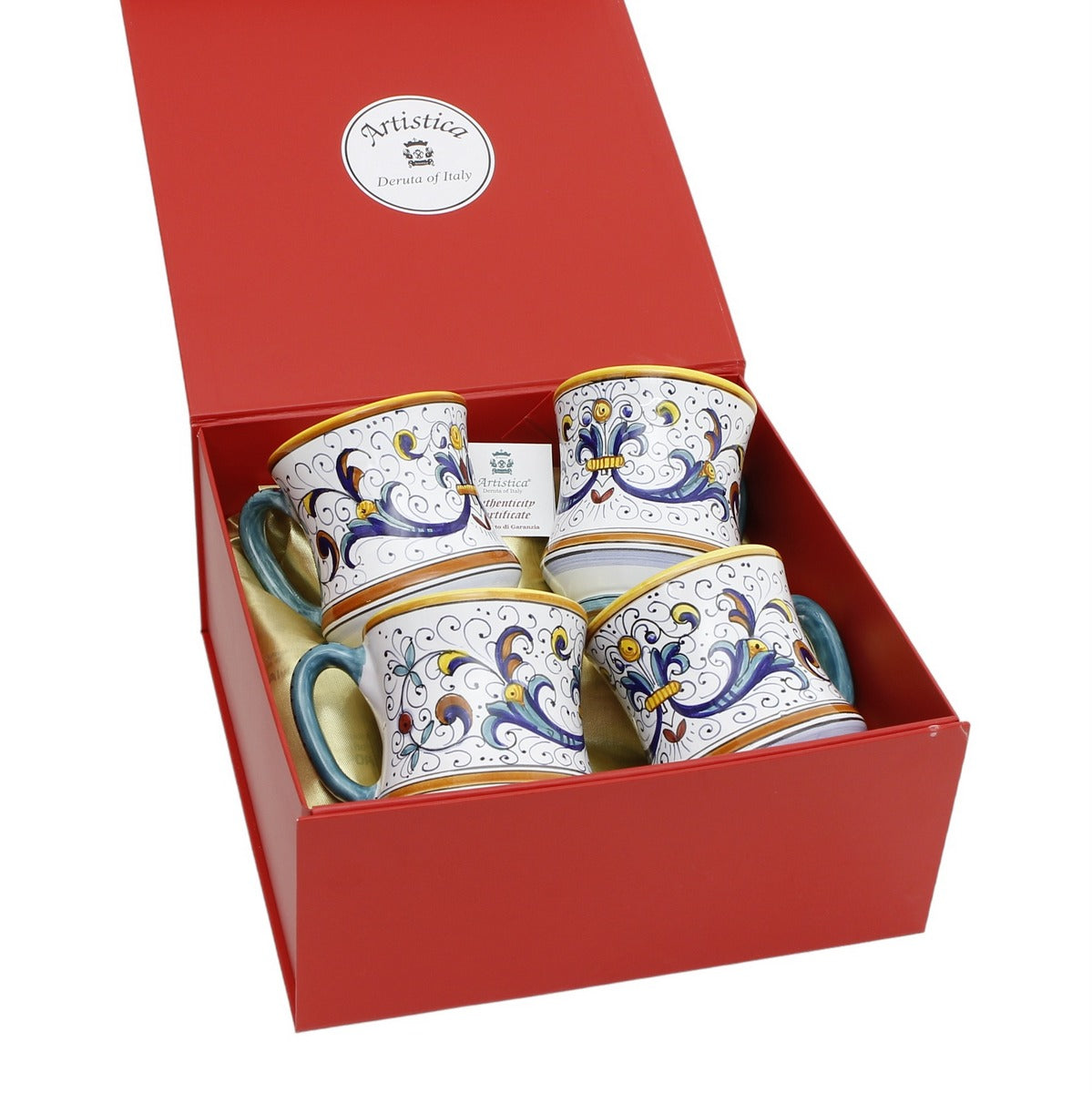 GIFT BOX: DeLuxe Glossy Red Gift Box with Ricco Deruta Concave Mugs 12 Oz. (Set of 4 pcs)