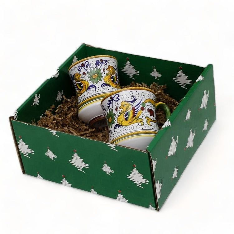 GIFT BOX CHRISTMAS: Green Gift Box with Raffaellesco Large 17 Oz Mugs (Set of two)