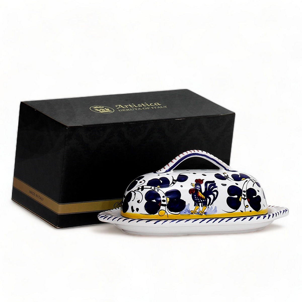 GIFT BOX: With authentic Deruta hand painted ceramic - Butter Dish with cover Blue Rooster Design