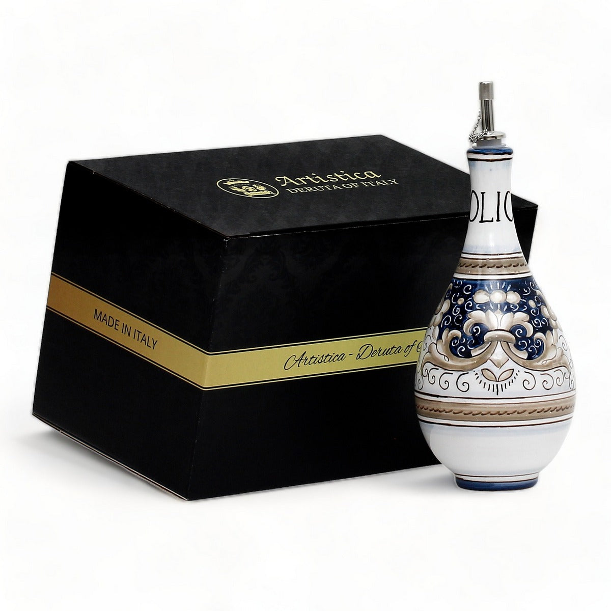 GIFT BOX: With authentic Deruta hand painted ceramic - DERUTA COLORI: OLIVE OIL DISPENSER BOTTLE BLUE ANTICO