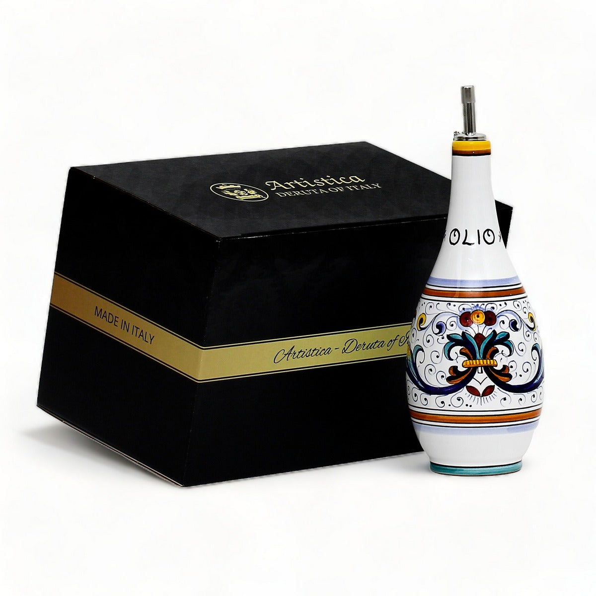 GIFT BOX: With authentic Deruta hand painted ceramic - OLIVE OIL DISPENSER BOTTLE Ricco Deruta Design