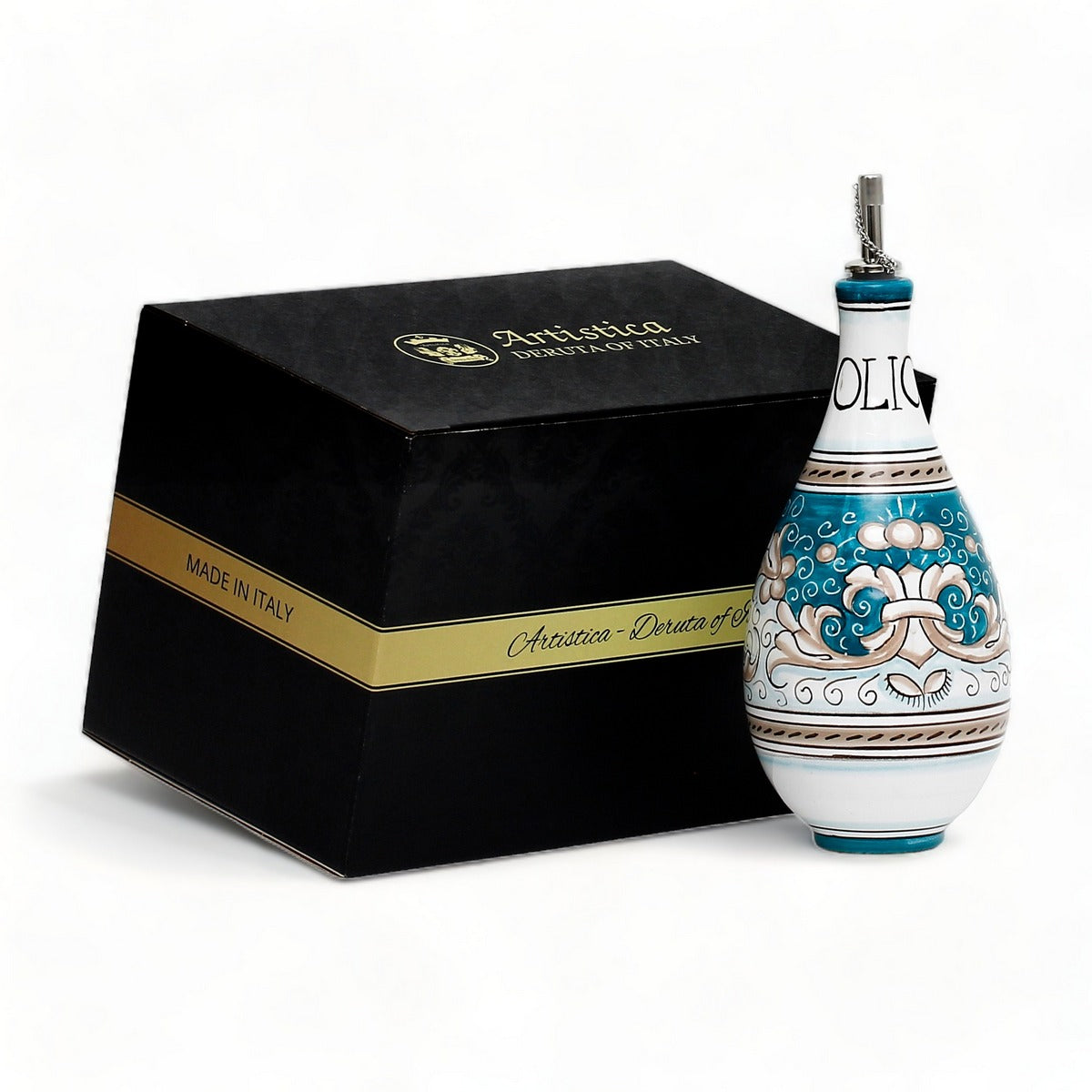 GIFT BOX: With authentic Deruta hand painted ceramic - DERUTA COLORI: OLIVE OIL DISPENSER BOTTLE AQUA/TEAL