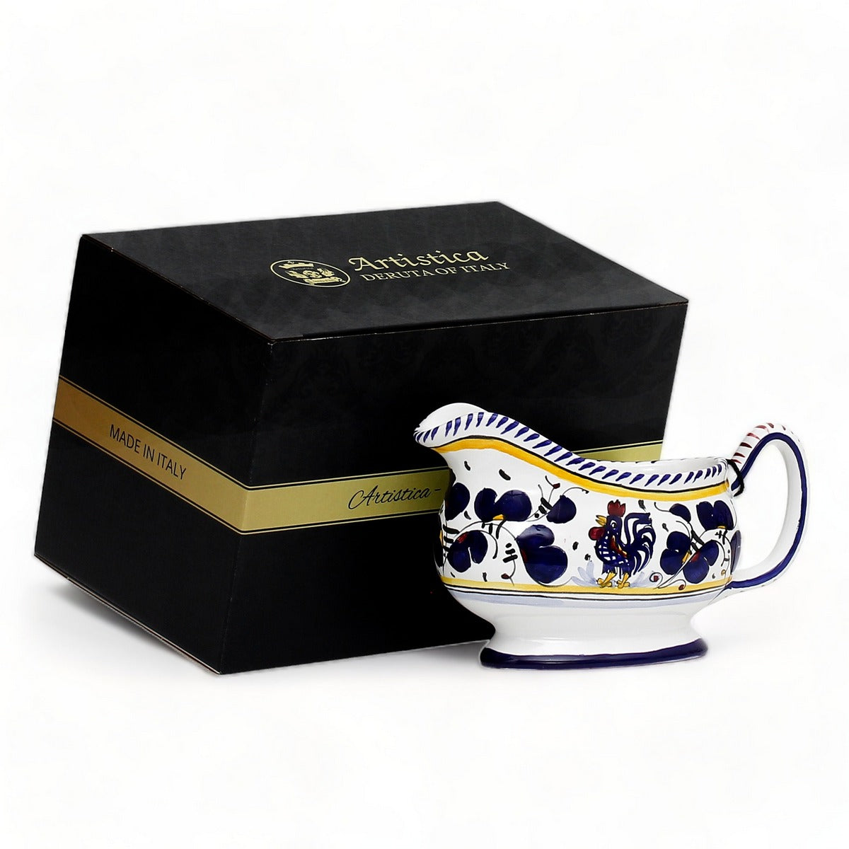 GIFT BOX: With authentic Deruta hand painted ceramic - Gravy Sauce Boat Blue Rooster Design