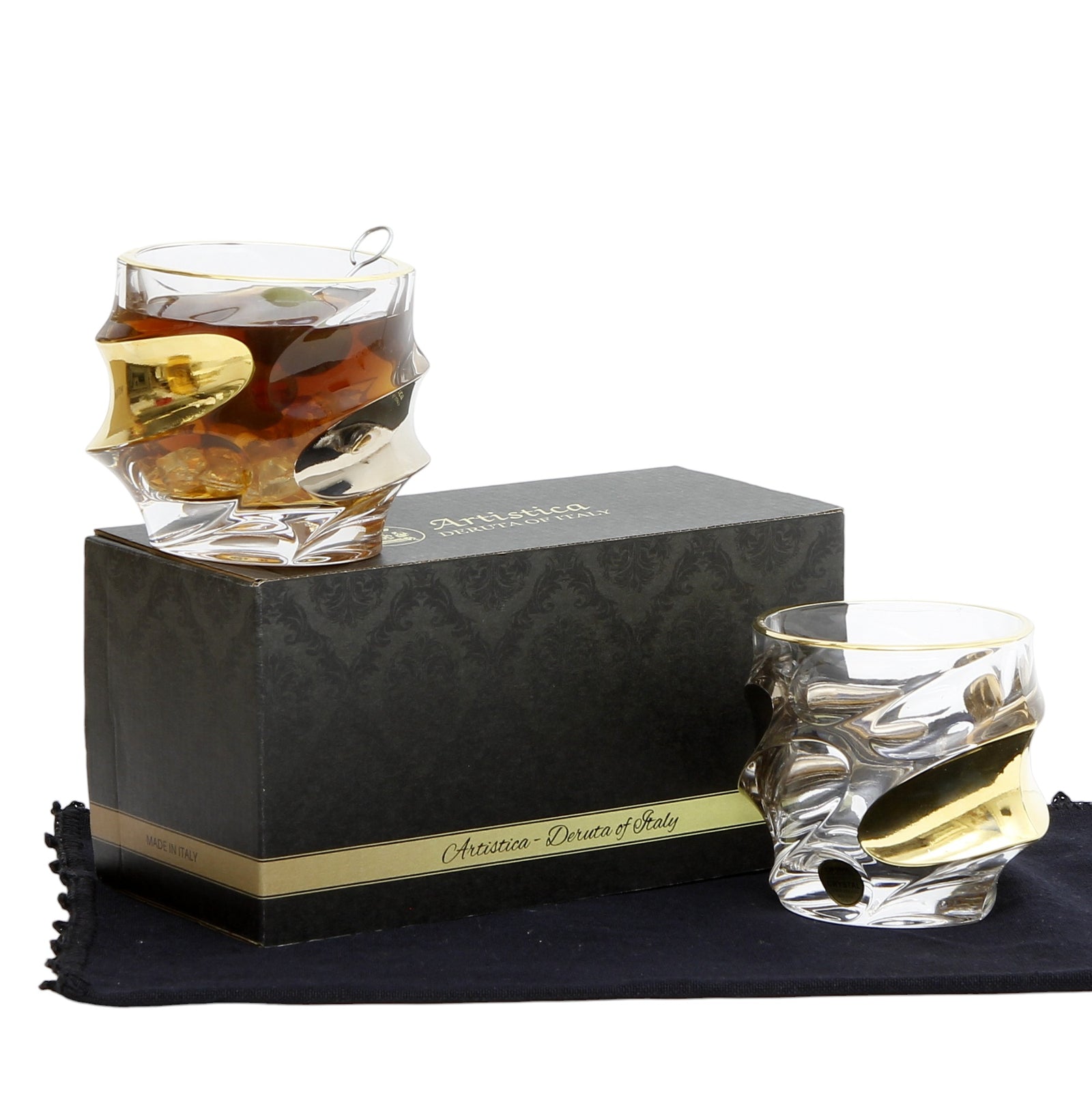 GIFT BOX With two Exquisite Italian Crystal Glass for Whiskey/Old Fashion featuring a 24 Carat Gold & Platinum Accents