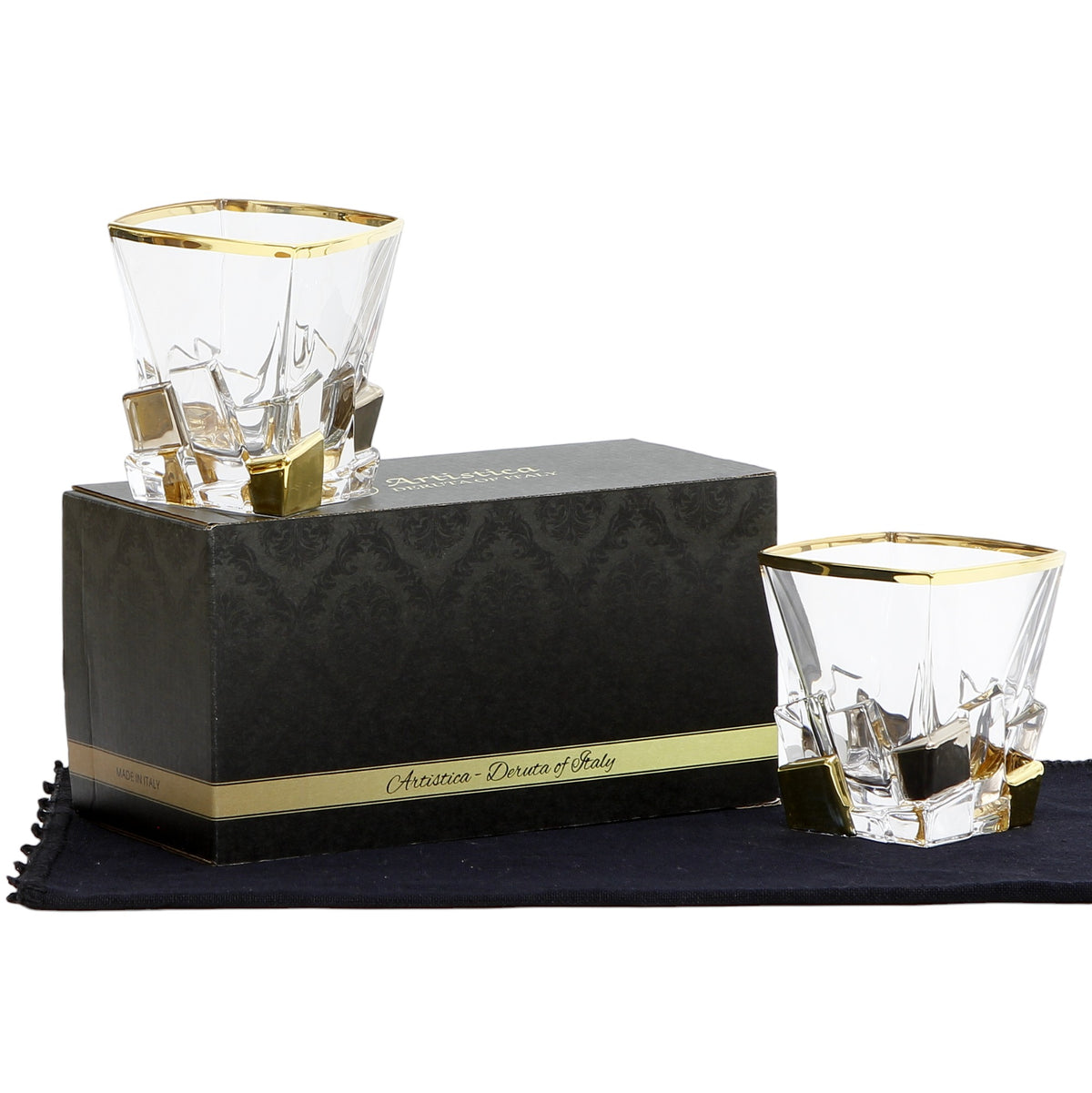 GIFT BOX With two Exquisite Italian Crystal Glass for Whiskey/Old Fashion featuring a 24 Carat Gold &amp; Platinum Accents