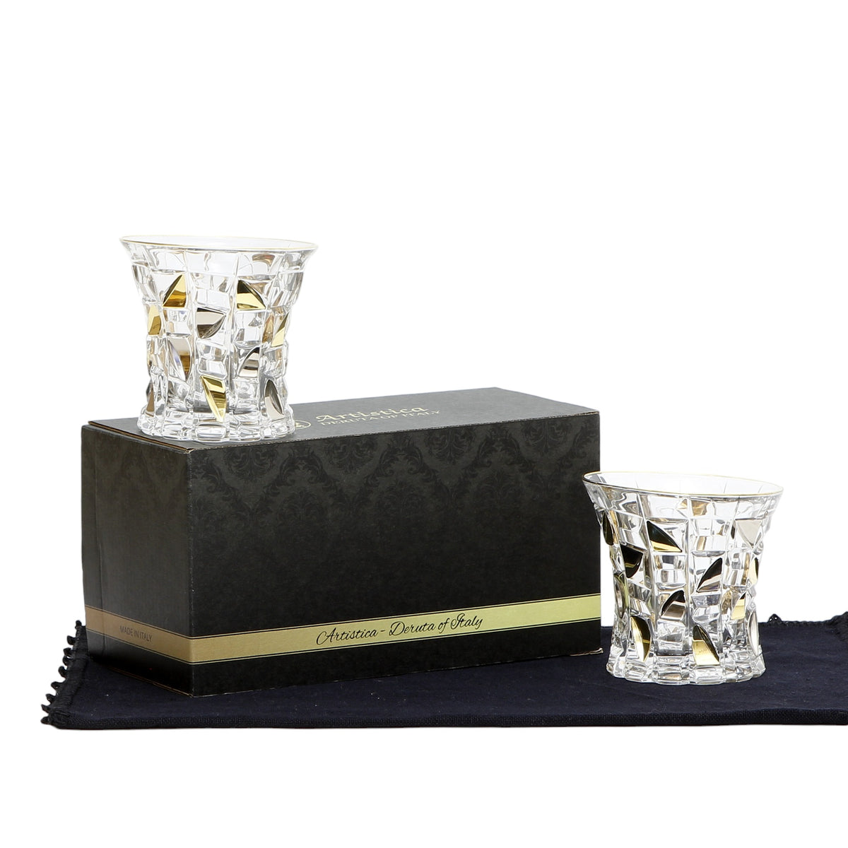 GIFT BOX With two Exquisite Italian Crystal Glass for Whiskey/Old Fashion featuring a 24 Carat Gold &amp; Platinum Accents