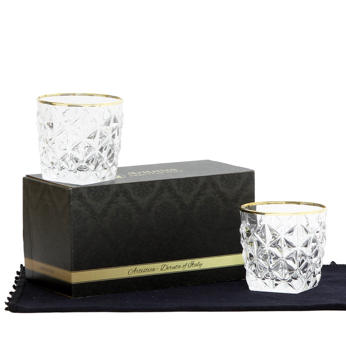 GIFT BOX With two Exquisite Italian Crystal Glass for Whiskey/Old Fashion featuring a 24 Carat Gold &amp; Platinum Accents