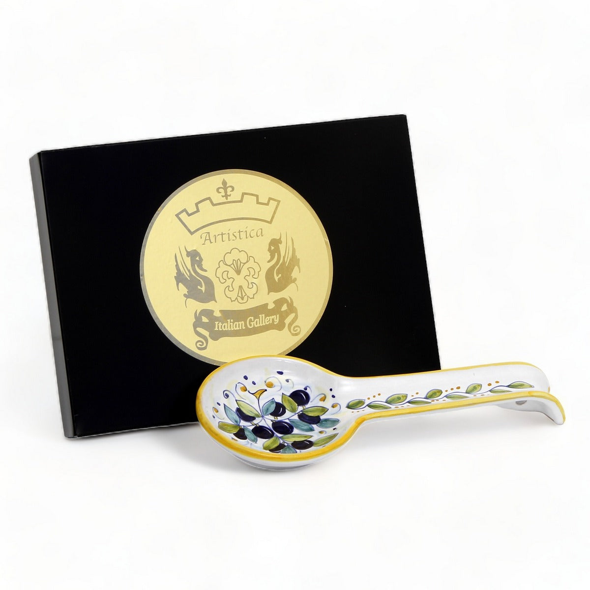 GIFT BOX GOLD LOGO: With authentic Deruta hand painted ceramic - DERUTA: Spoon rest OLIVE