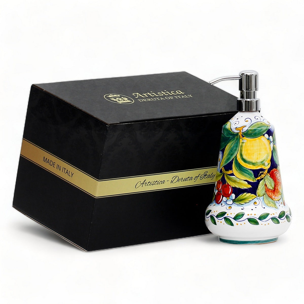 GIFT BOX: With authentic Deruta hand painted ceramic - Liquid Soap/Lotion Dispenser Frutta Design