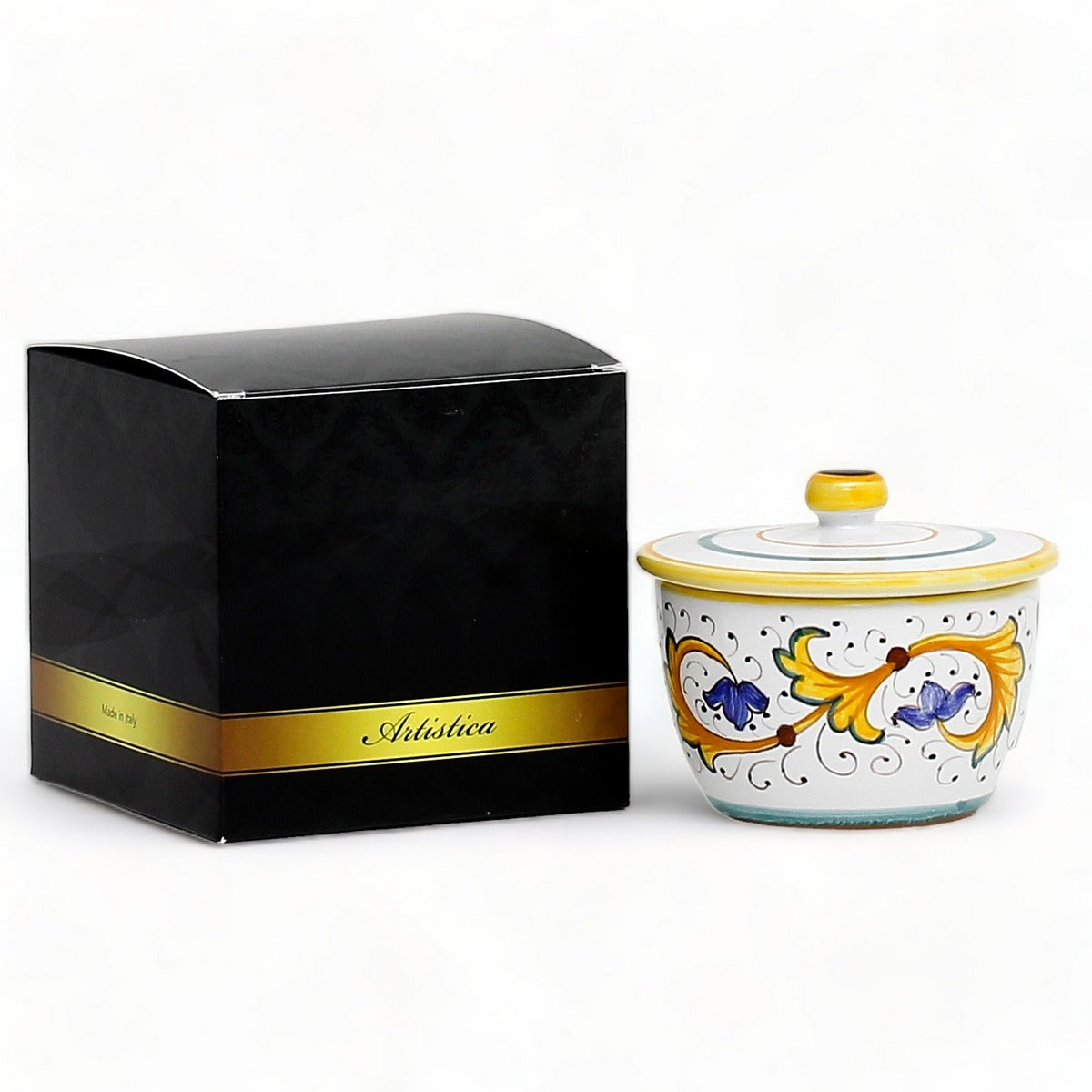 GIFT BOX: With authentic Deruta hand painted ceramic - Sugar Bowl with lid Perugino Design