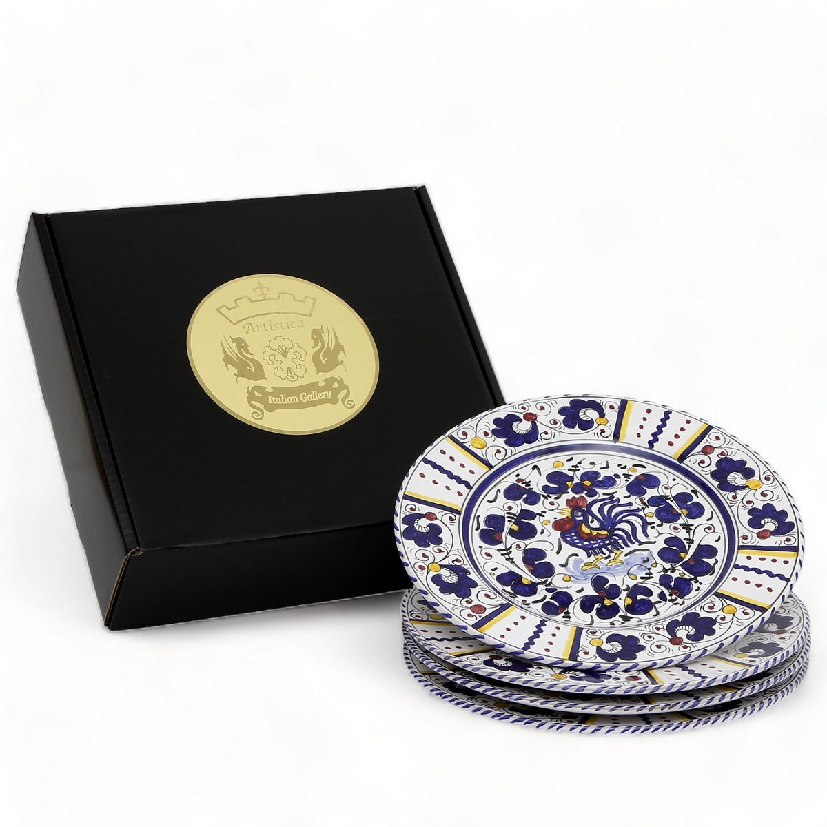 GIFT BOX: With Deruta Dinner Plate - BLUE ROOSTER design (4 Pcs)