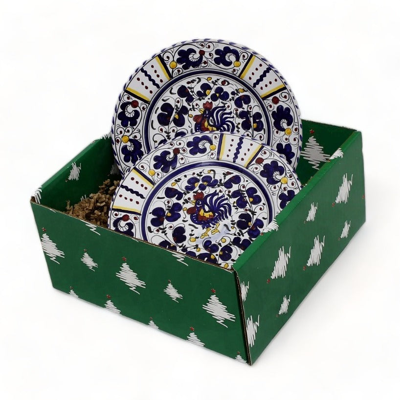 GIFT BOX CHRISTMAS: Green Gift Box with Deruta Blue Rooster Salad Plates (Set of 4 pcs)