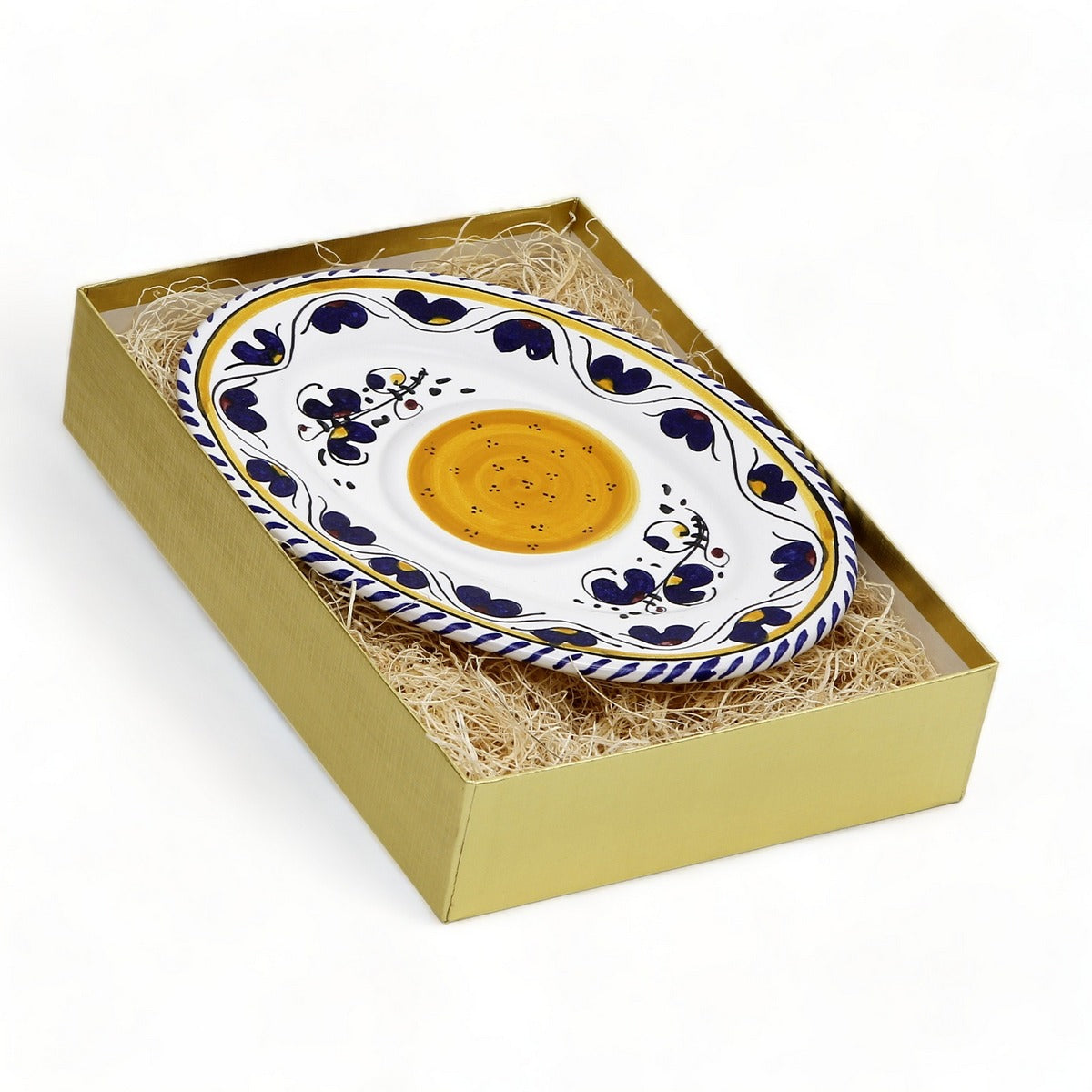 GIFT BOX GOLD: With authentic Deruta hand painted ceramic - ORVIETO BLUE ROOSTER: Small Oval Plate