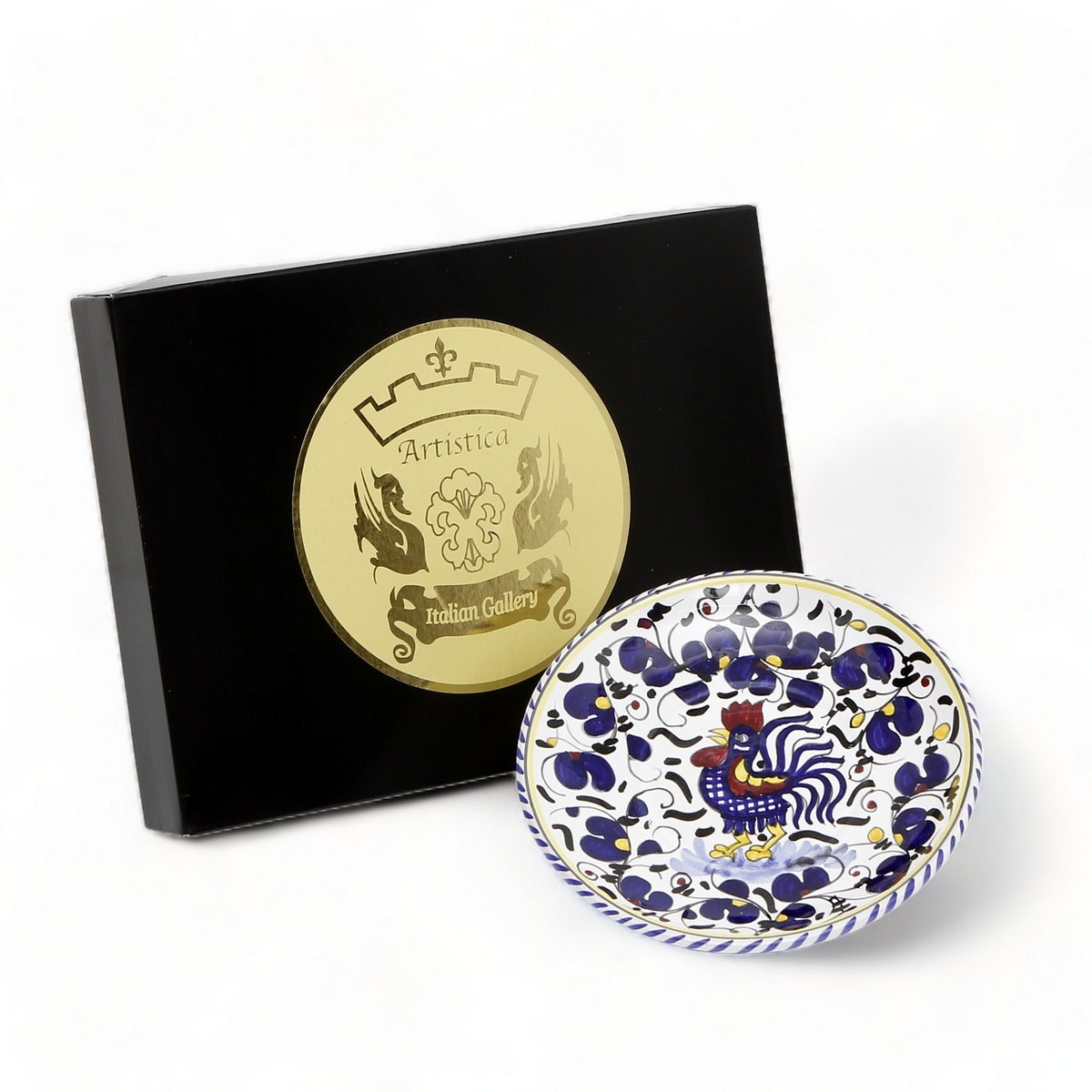 GIFT BOX GOLD LOGO: With authentic Deruta hand painted ceramic - ORVIETO BLUE ROOSTER: Canape/Bread &amp; Butter Plate