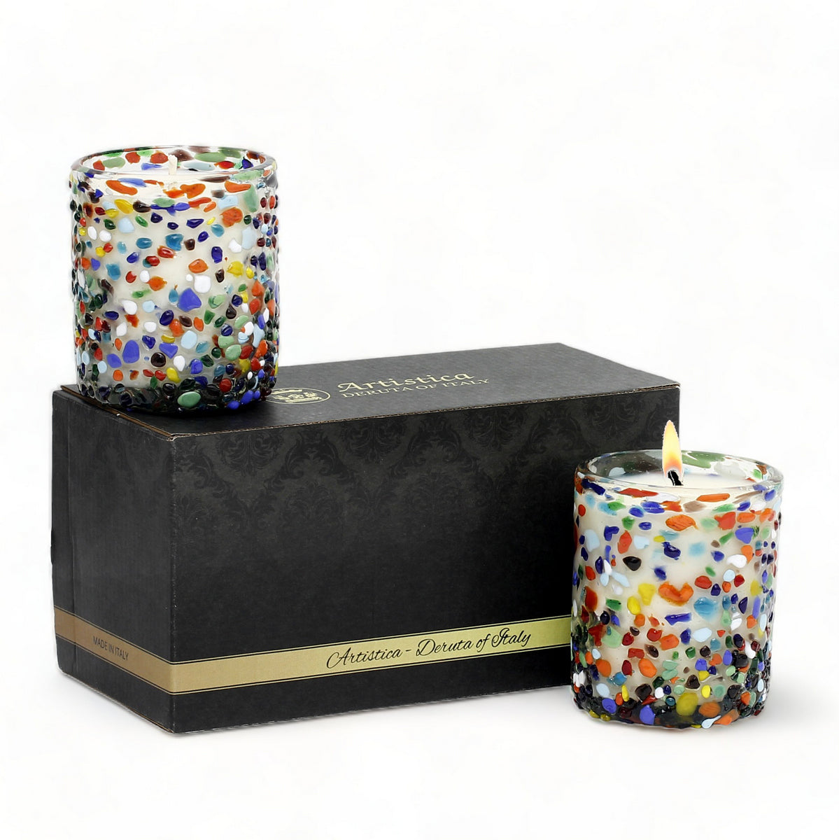 GIFT BOX: With two Murano Murrina Style Glass Unscented Candles