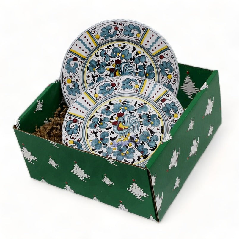 GIFT BOX CHRISTMAS: Green Gift Box with Deruta Green Rooster Salad Plates (Set of 4 pcs)