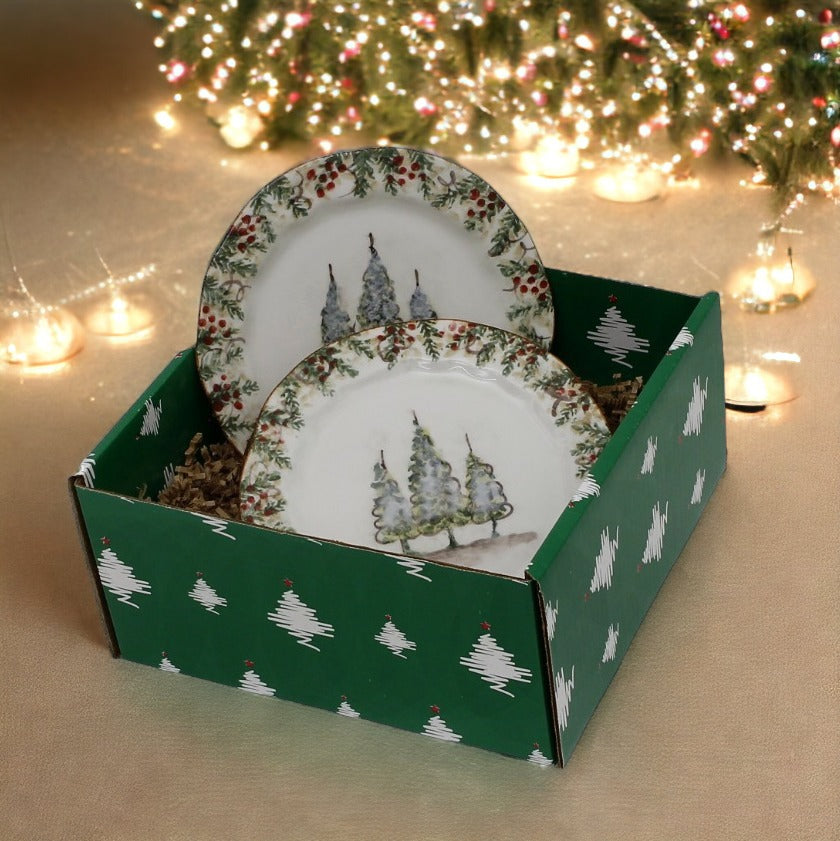 GIFT BOX CHRISTMAS: Green Gift Box with Arte Italica Natale Salad Plates (Set of 4 pcs)