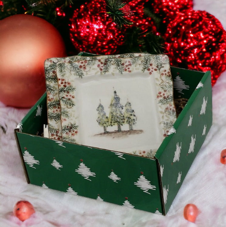 GIFT BOX CHRISTMAS: Green Gift Box with Arte Italica Natale Square Plates (Set of 4 pcs)