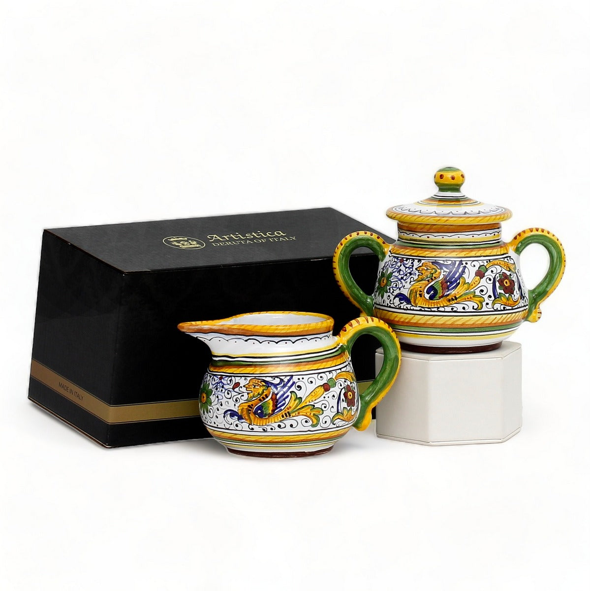 GIFT BOX: With authentic Deruta hand painted ceramic - Cream & Sugar Raffaellesco design