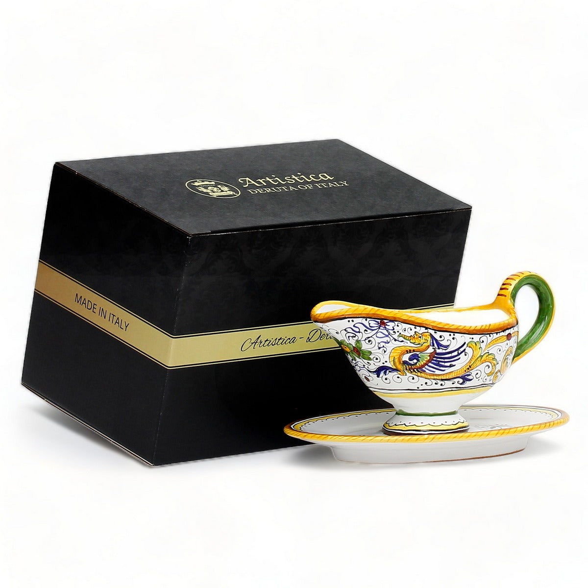 GIFT BOX: With authentic Deruta hand painted ceramic - Gravy Sauce Boat with Tray Raffaellesco Design