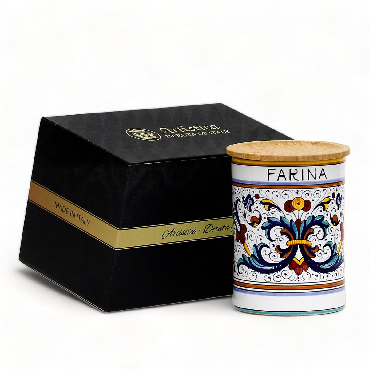 GIFT BOX: With authentic Deruta hand painted ceramic - NEW! Farina (Flour) Canister with Bamboo Lid Ricco Deruta Design