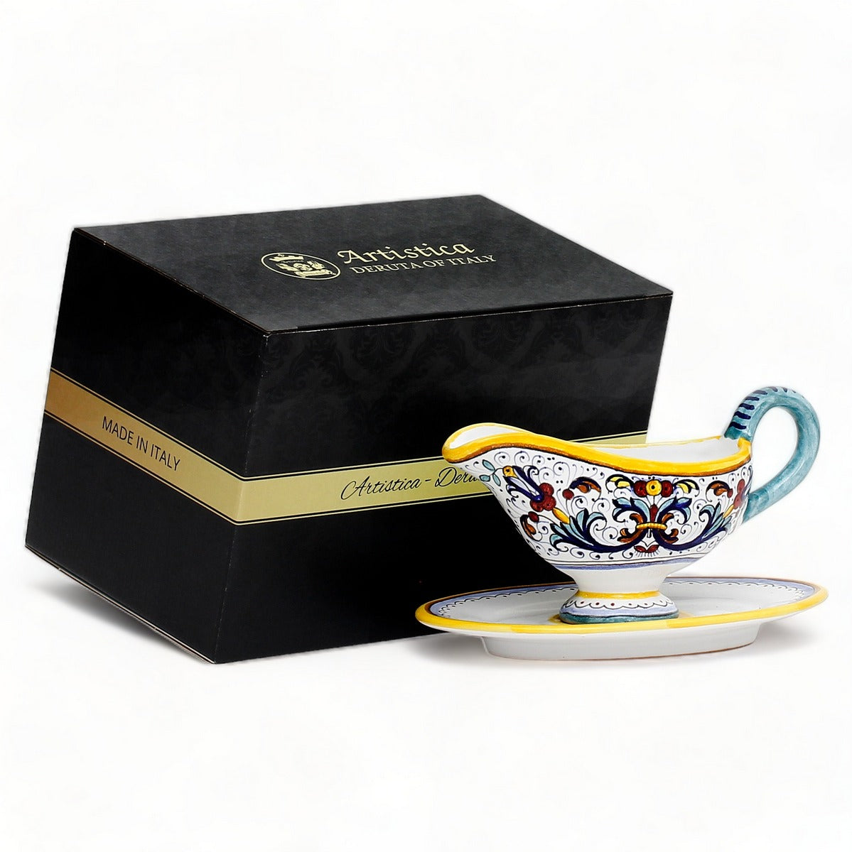 GIFT BOX: With authentic Deruta hand painted ceramic - Gravy Sauce Boat with Tray Ricco Deruta Design