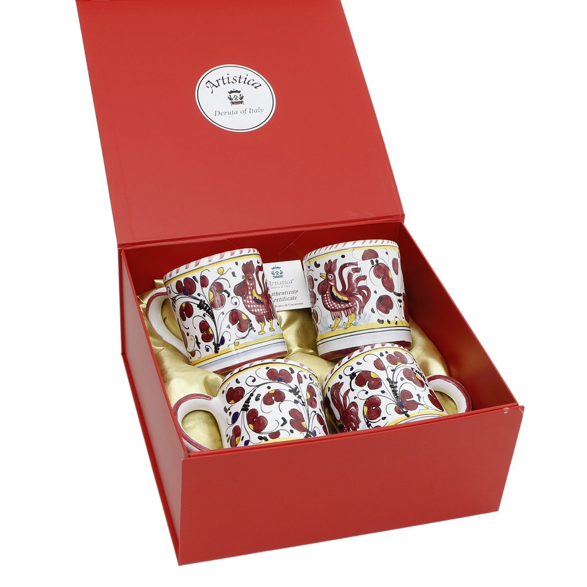 GIFT BOX: DeLuxe Glossy Red Gift Box with Red Rooster Mugs 10 Oz. (Set of 4 pcs)