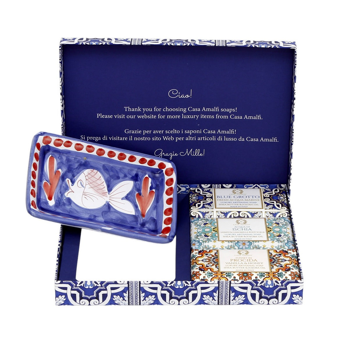 CASA AMALFI SOAPS: Scented Soap Bars with ceramic soap dish FISH - Blue Majolica Set