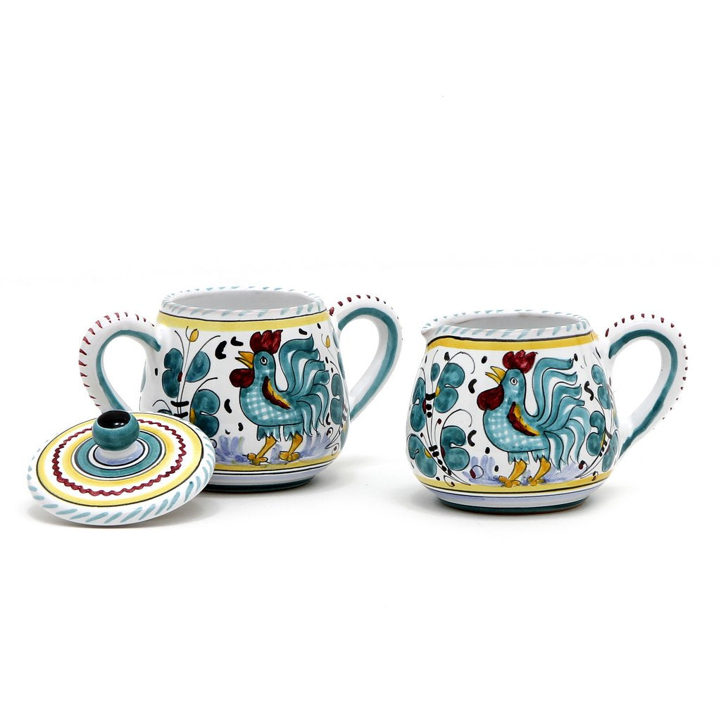 GIFT BOX: With authentic Deruta hand painted ceramic - Cream & Sugar Set Green Rooster design