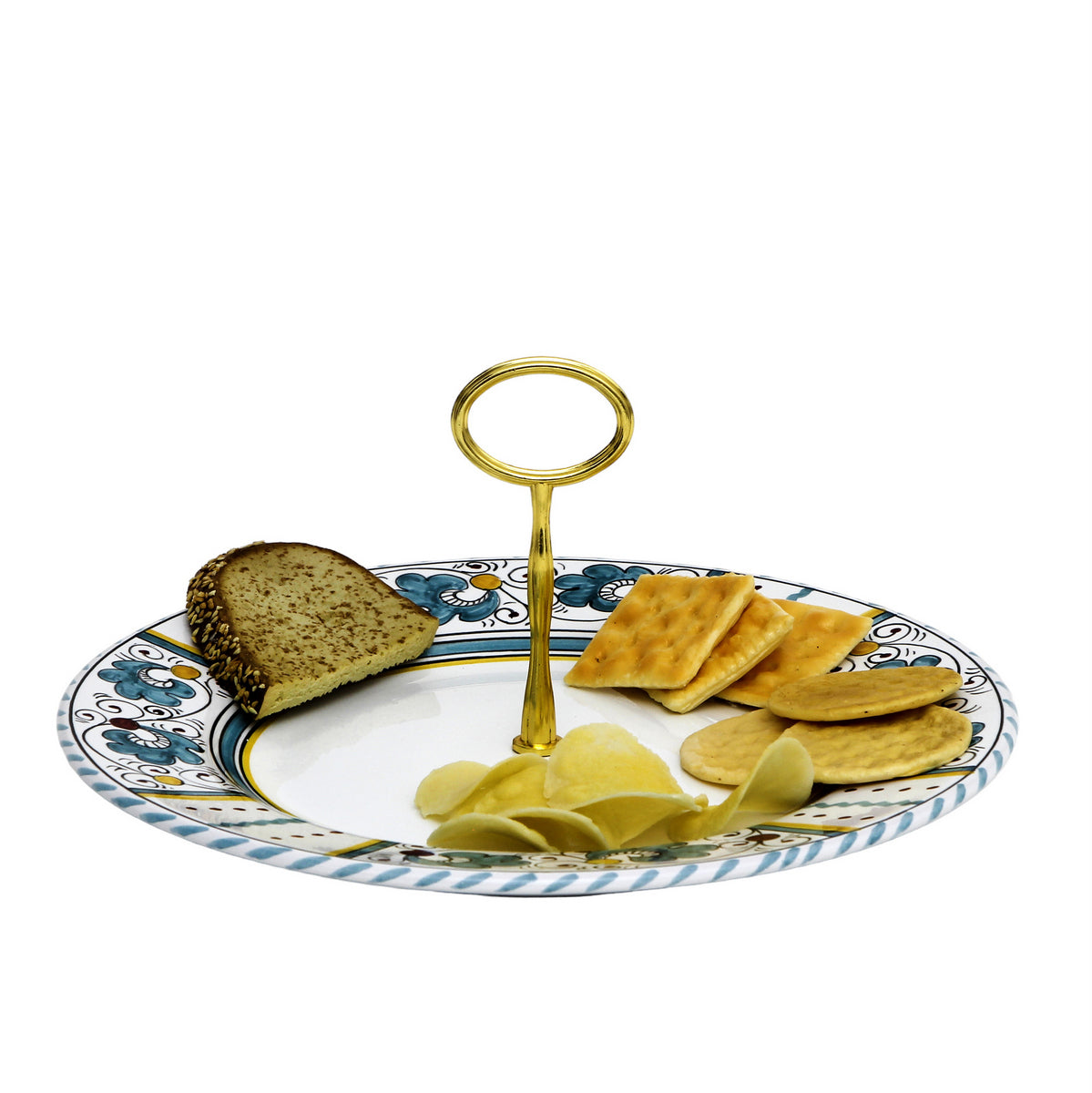 ORVIETO GREEN ROOSTER: Tid Bit Server Plate with Golden or Chrome Oval Metal Handle - artisticaitalian.com