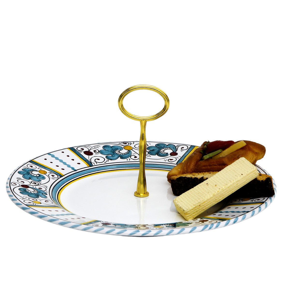 ORVIETO GREEN ROOSTER: Tid Bit Server Plate with Golden or Chrome Oval Metal Handle - artisticaitalian.com