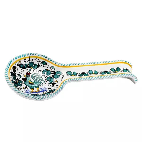 GIFT BOX GOLD LOGO: With authentic Deruta hand painted ceramic - ORVIETO GREEN ROOSTER: Spoon rest