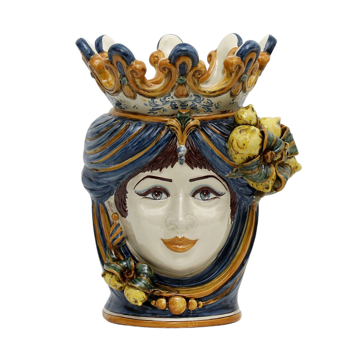 CALTAGIRONE: Moorish Sicilian Head Vase - Woman with LEMONS Multicolor Blue Orange (Large)