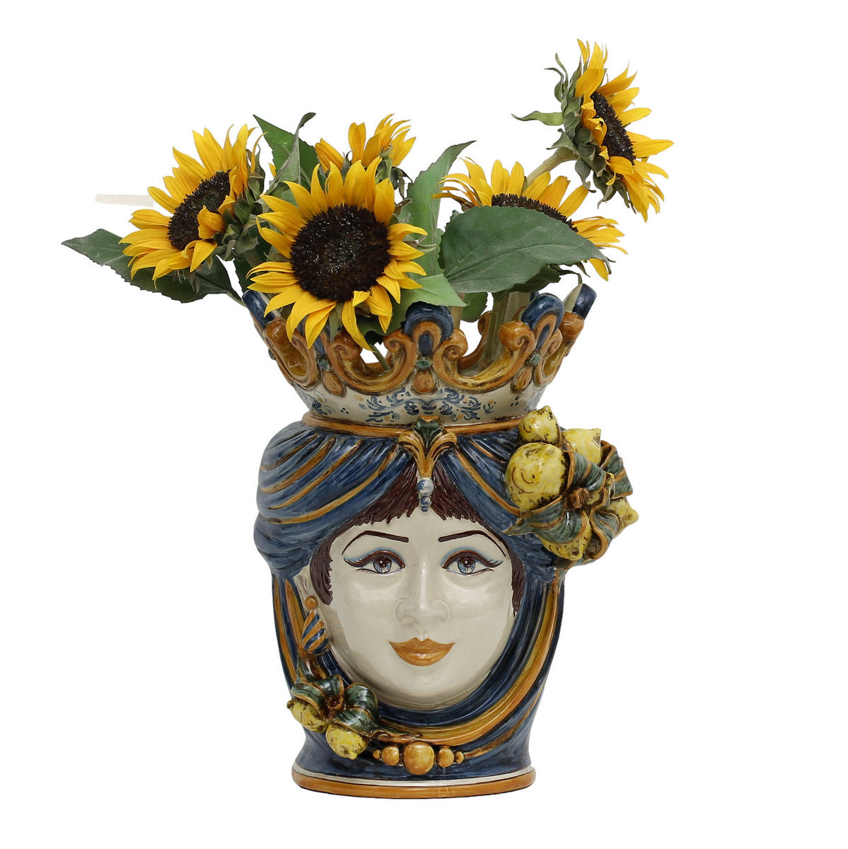 CALTAGIRONE: Moorish Sicilian Head Vase - Woman with LEMONS Multicolor Blue Orange (Large)