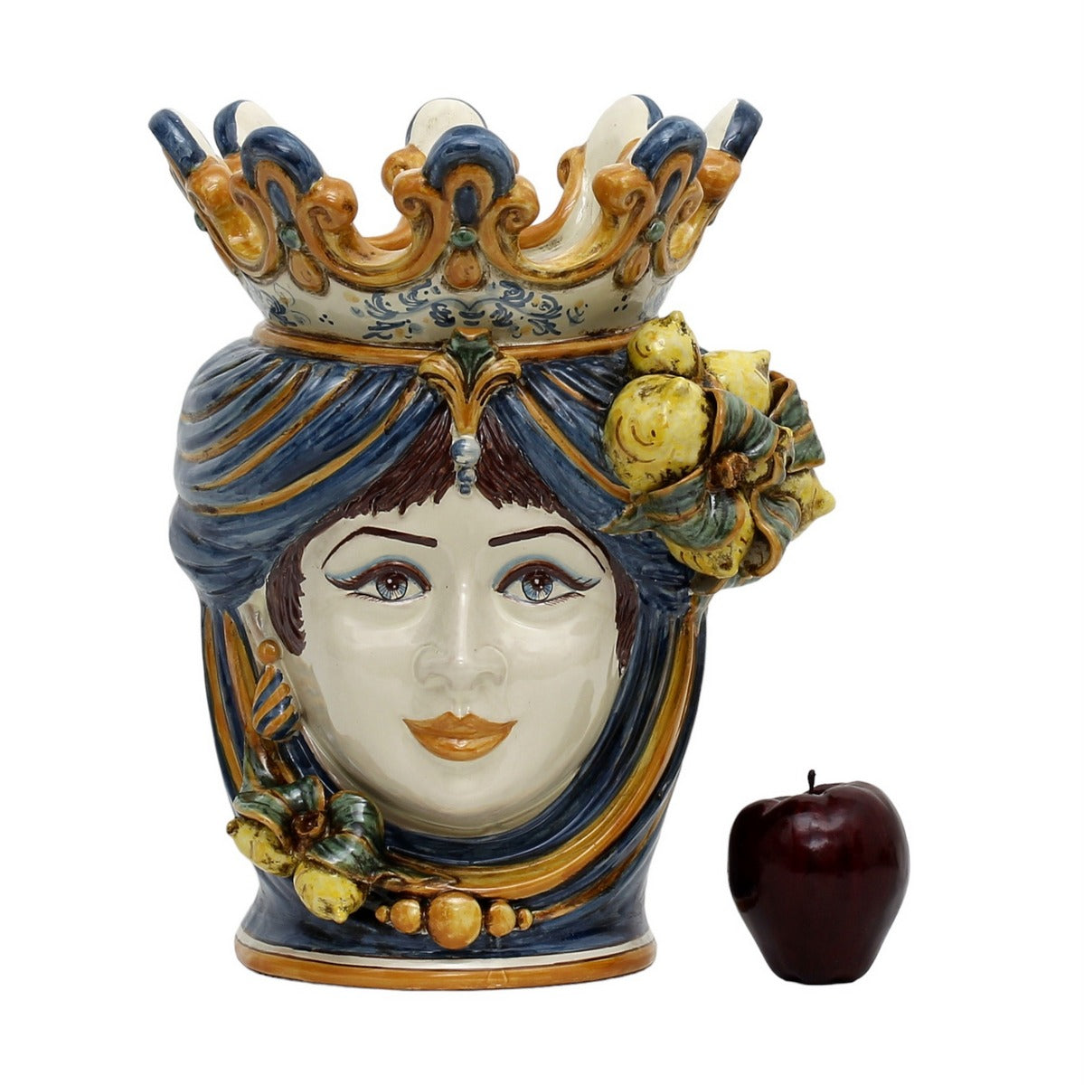 CALTAGIRONE: Moorish Sicilian Head Vase - Woman with LEMONS Multicolor Blue Orange (Large)