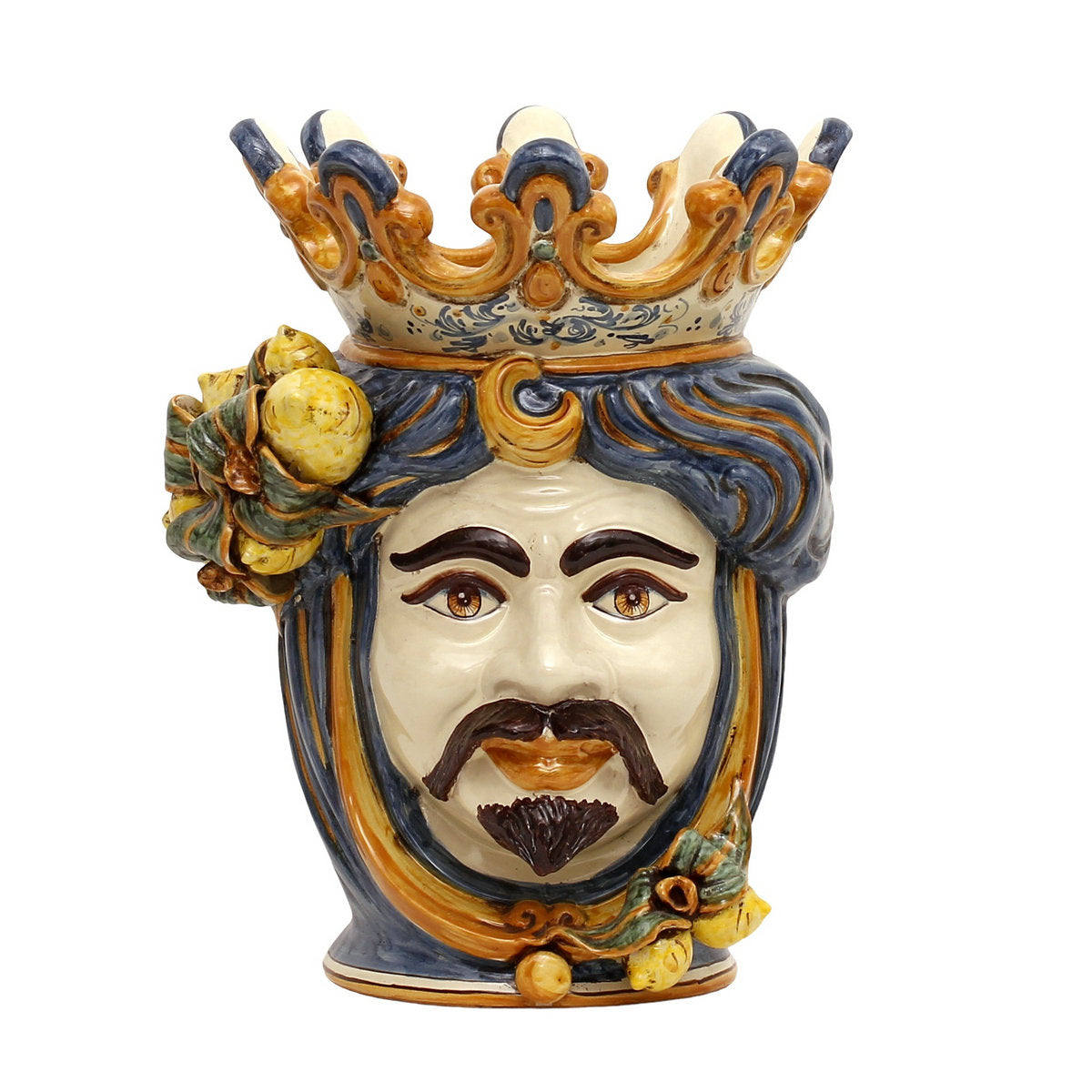 CALTAGIRONE: Moorish Sicilian Head Vase - Man with LEMONS Multicolor Blue Orange (Large)