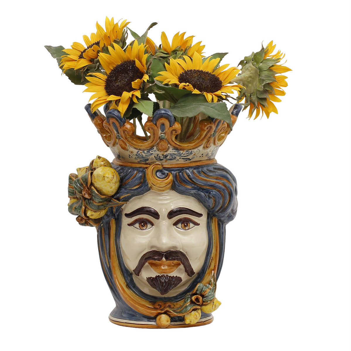 CALTAGIRONE: Moorish Sicilian Head Vase - Man with LEMONS Multicolor Blue Orange (Large)