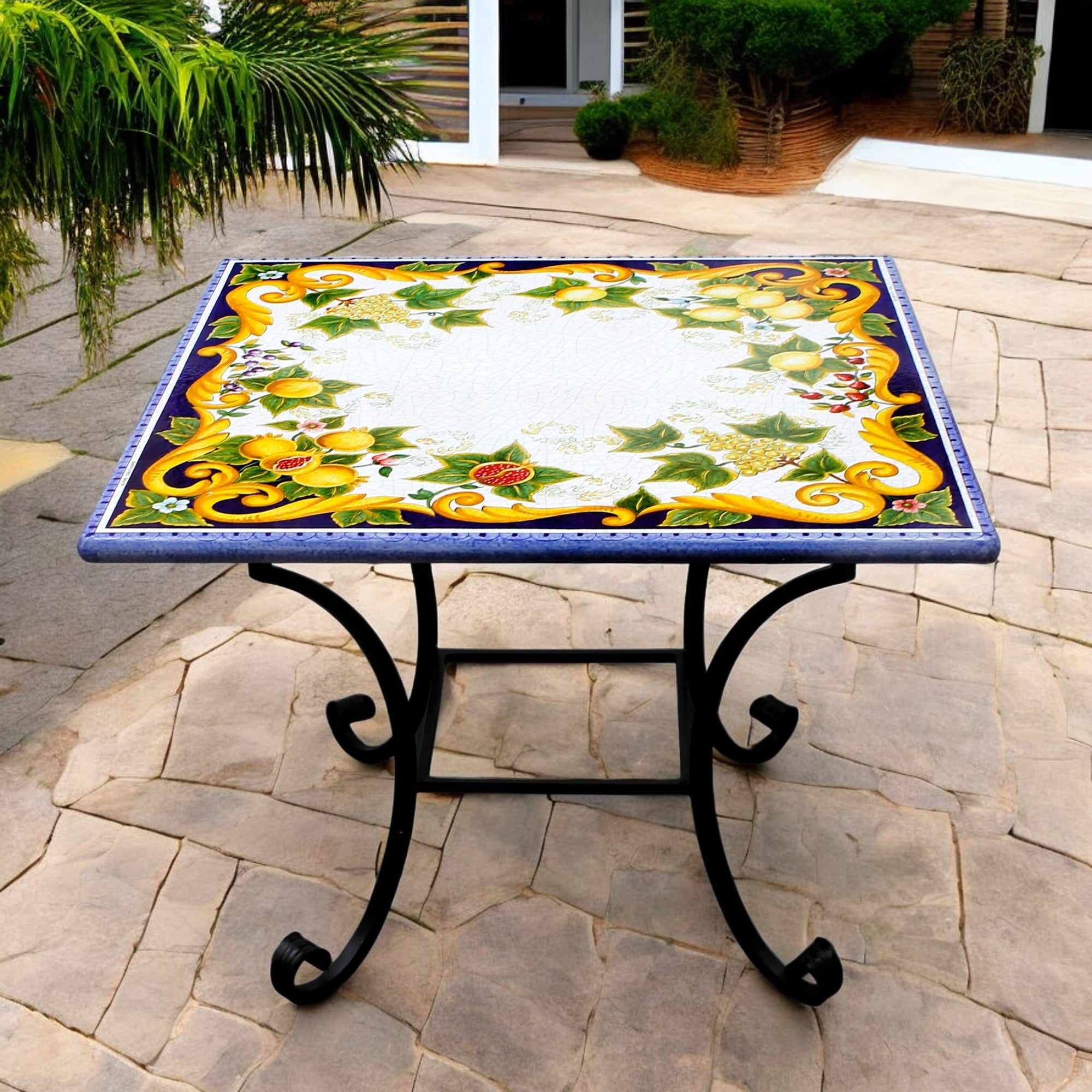 CERAMIC STONE TABLE SQUARE + IRON BASE: POSITANO VIETRI AMALFI Design with Blue Rim