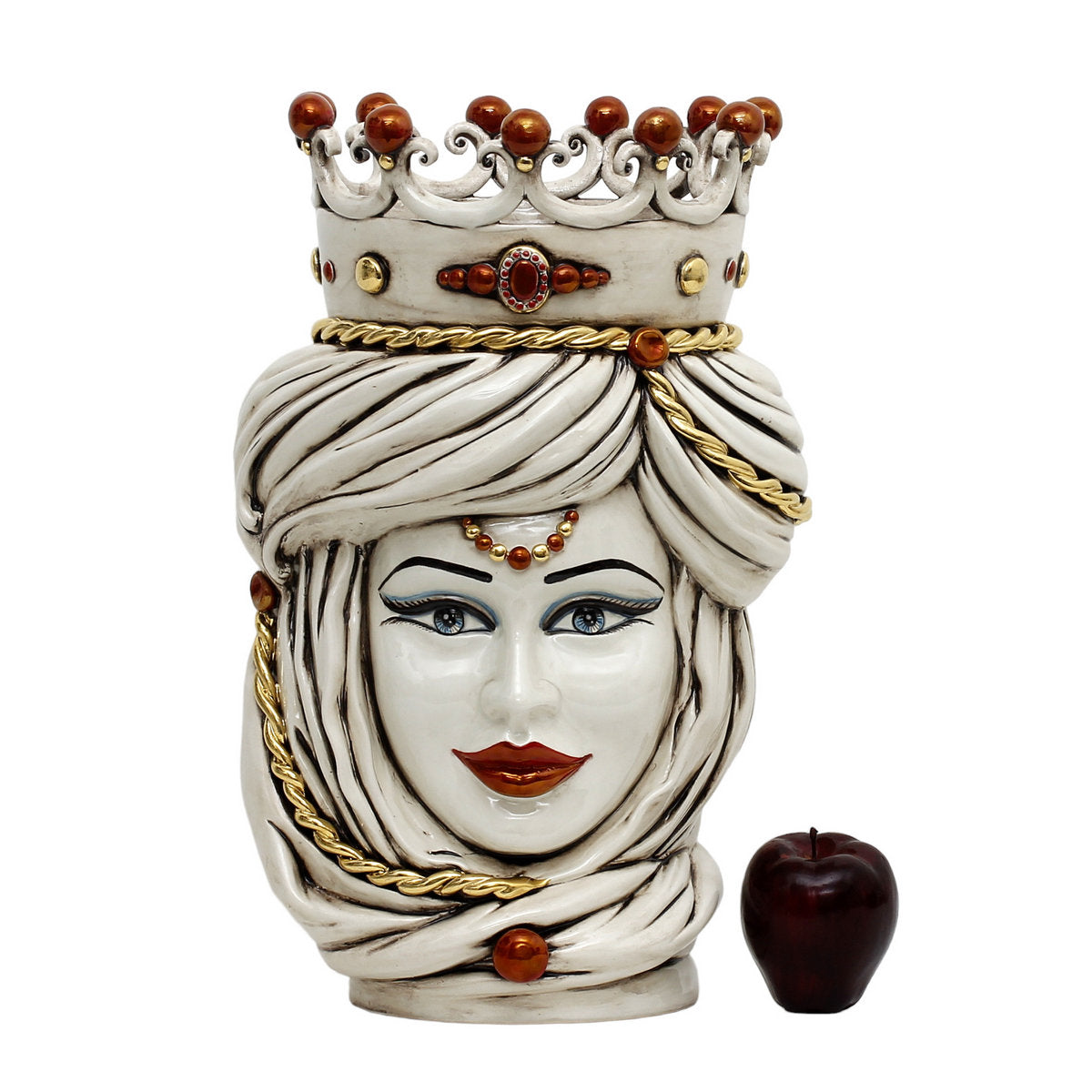 CALTAGIRONE: Moorish Sicilian Head Vase - Woman Antiqued White glaze with 24 Carats Gold Accents (Extra Large)