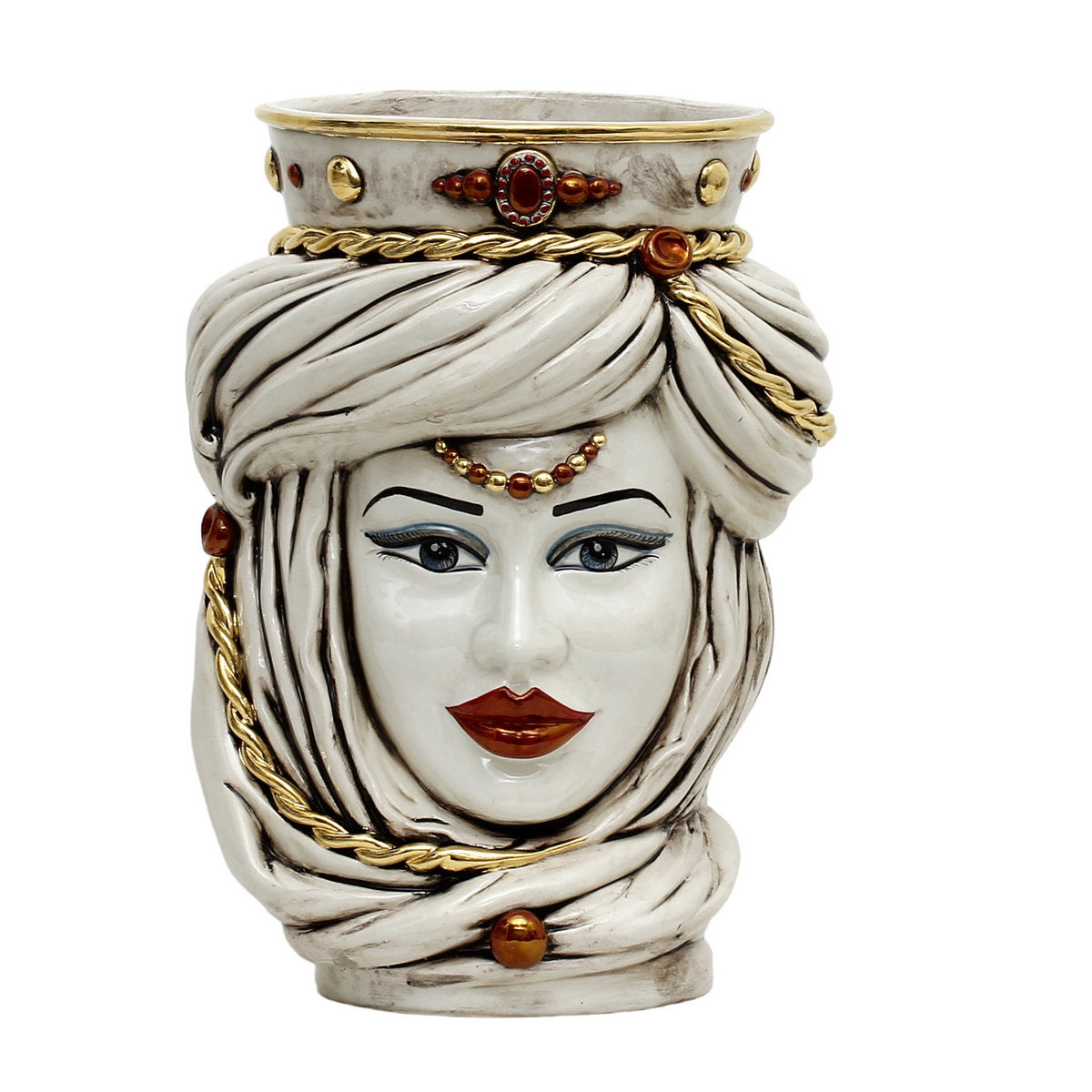 CALTAGIRONE: Moorish Sicilian Head Vase - Woman Antiqued White glaze with 24 Carats Gold Accents (Extra Large)