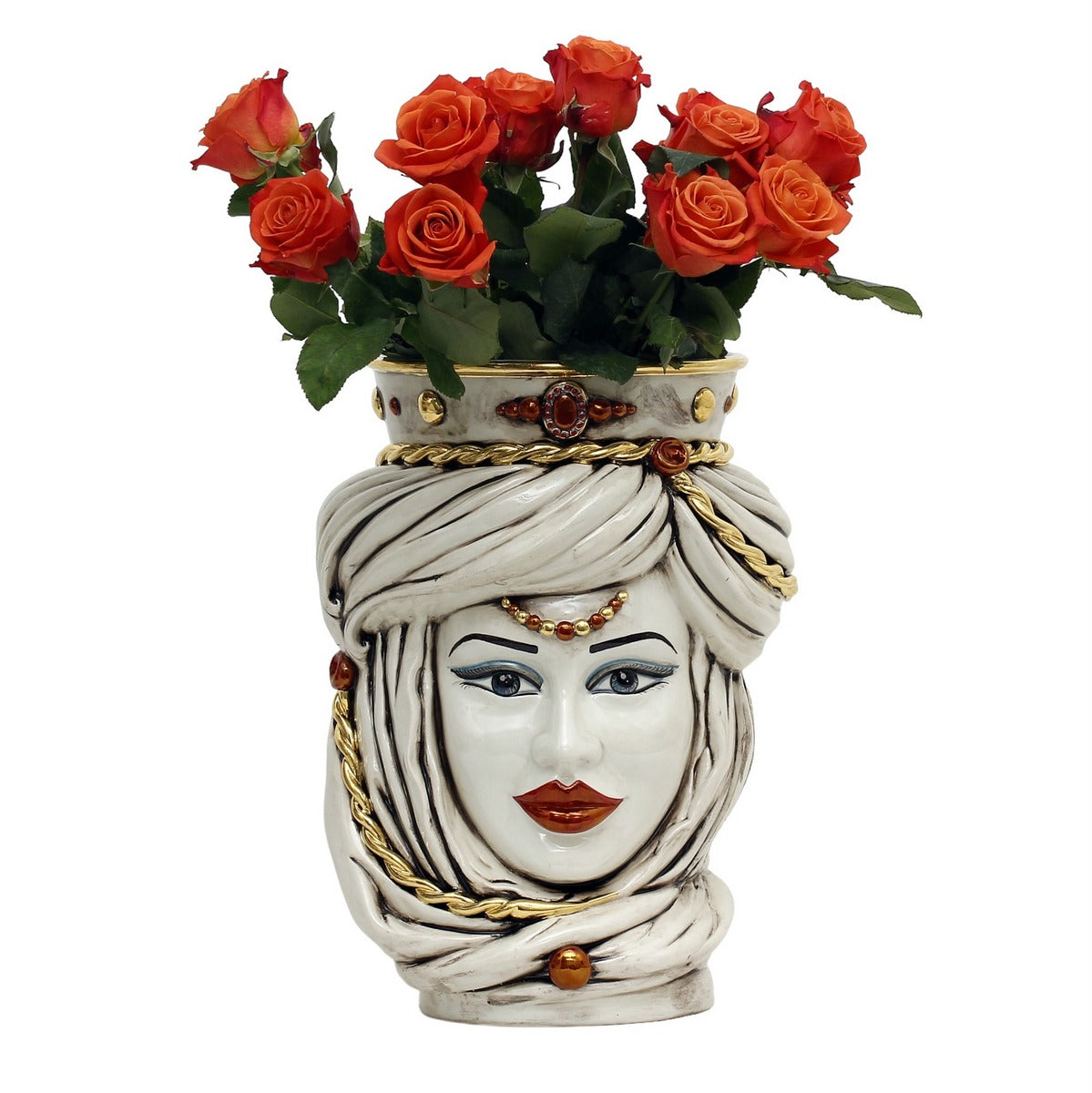 CALTAGIRONE: Moorish Sicilian Head Vase - Woman Antiqued White glaze with 24 Carats Gold Accents (Extra Large)