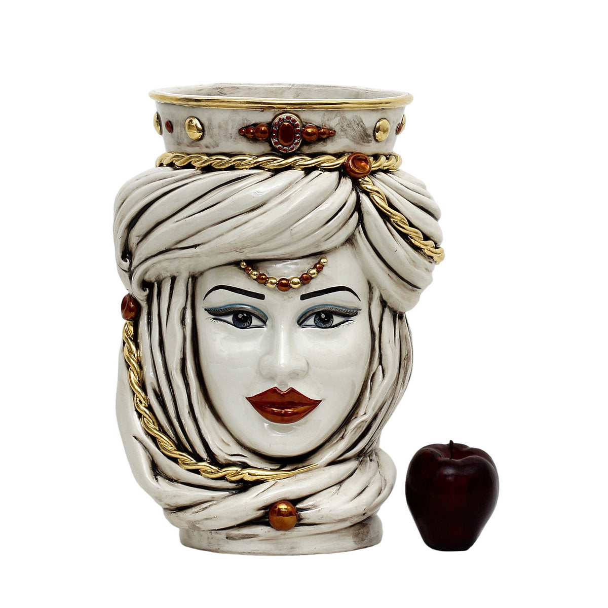 CALTAGIRONE: Moorish Sicilian Head Vase - Woman Antiqued White glaze with 24 Carats Gold Accents (Extra Large)