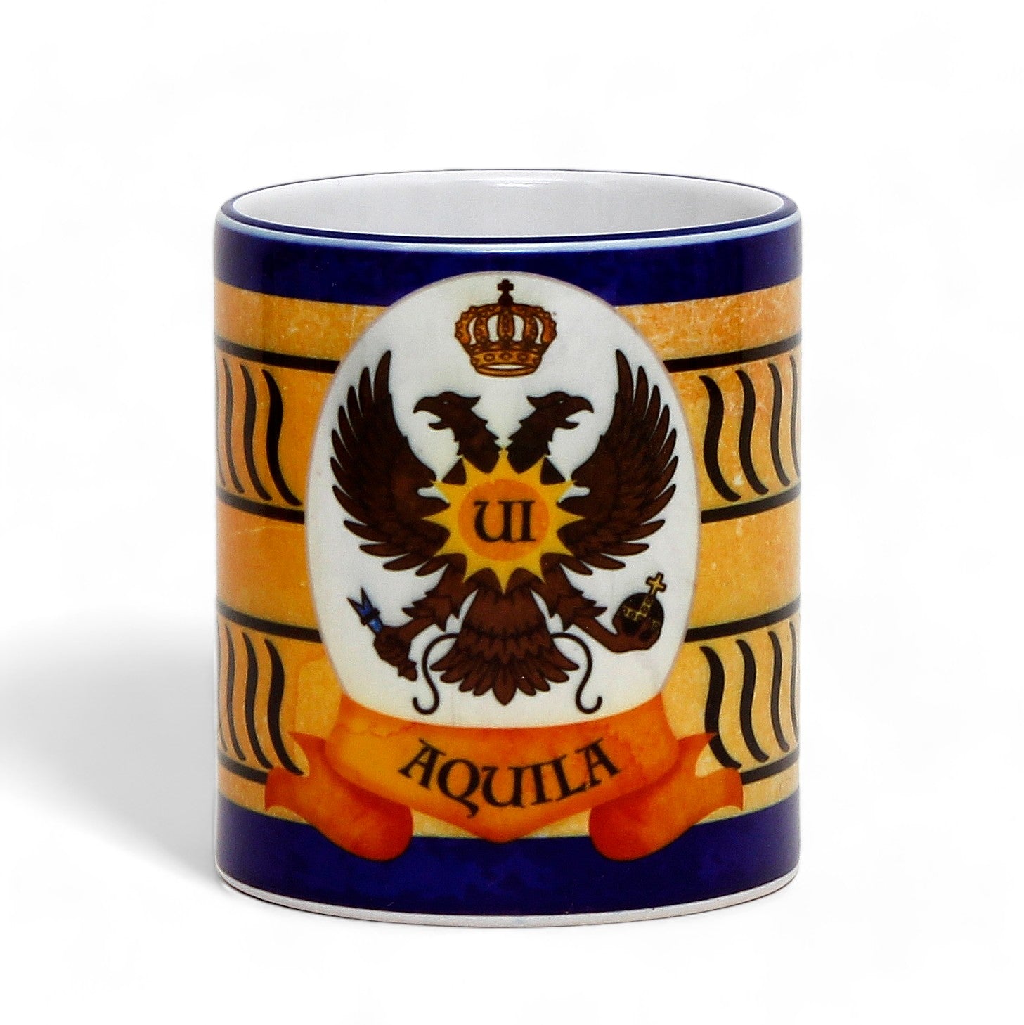 SUBLIMART: Palio di Siena Porcelain printed mug - Blue Handle & Rim - Design by Mario Bruno - AQUILA (Eagle)